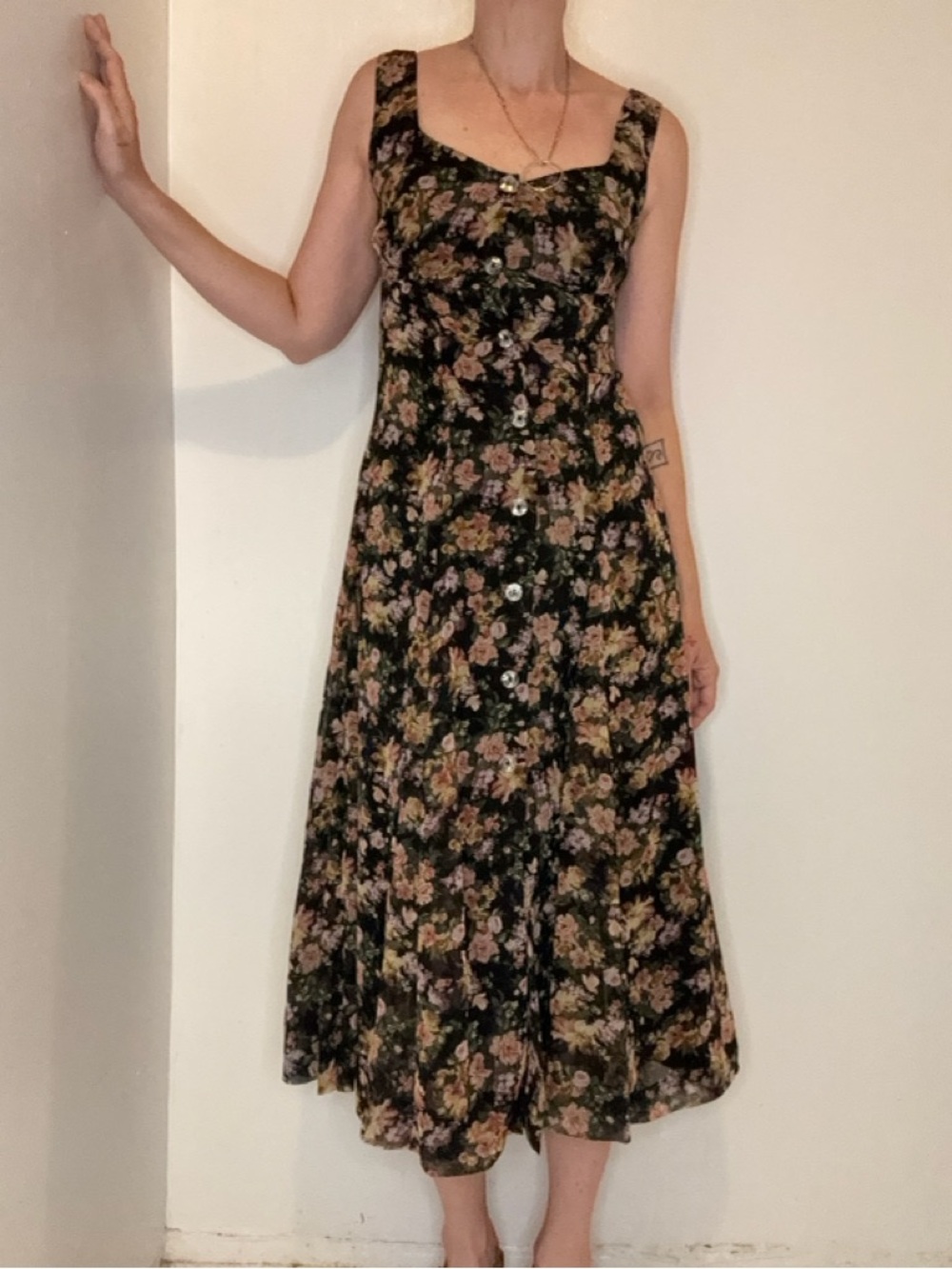 Anna Sui Black Floral Button-Front Midi Dress